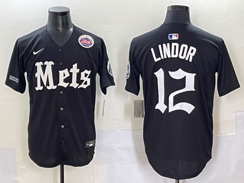 Men 2025 New York Mets #12 Lindor Black Five generations Joint Name Nike MLB Jersey style 14
